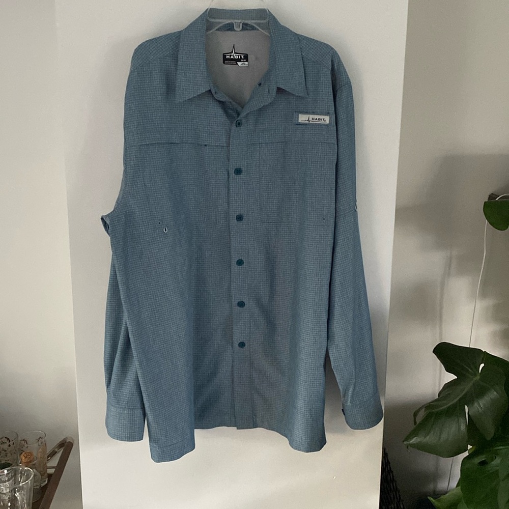 HABIT blue green teal check long sleeve outdoor UV fishing hiking M